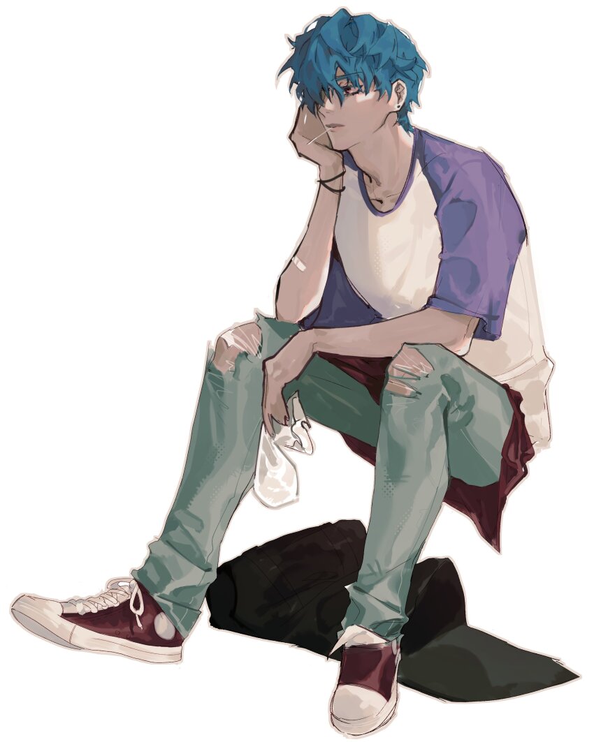 1boy absurdres aphelios blue_hair blue_pants bracelet brown_eyes casual collarbone commentary converse crew_neck denim earrings elbow_on_thigh english_commentary heartsteel_aphelios highres jeans jewelry jv0202021 league_of_legends male_focus official_alternate_hair_color pants piercing shirt shoelaces shoes short_sleeves simple_background solo stud_earrings t-shirt torn_clothes torn_jeans torn_pants white_background
