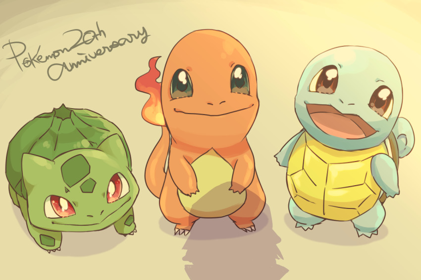 :d anniversary brown_eyes bulbasaur charmander claws commentary_request creature english_text fire flame-tipped_tail full_body gen_1_pokemon happy looking_up mizuto_(o96ap) nintendo no_humans open_mouth pokemon pokemon_(creature) red_eyes shadow smile squirtle starter_pokemon_trio tail