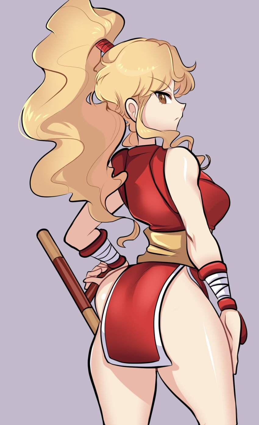1girl ass ass_focus bandaged_arm bandages blonde_hair breasts female_focus final_fight final_fight_2 from_behind genryuusai_maki highres ninja long_hair made_in_2024 missandydandy ninja ponytail purple_background red_eyes red_skirt skirt solo thick_thighs thighs tonfa weapon