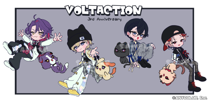 4boys :d animal animalization anniversary backwards_hat baseball_cap beanie black-framed_eyewear black_hair black_hat black_pants black_shoes blue_eyes blue_necktie blush border brown_hair brown_shirt cat chibi closed_mouth clothes_around_waist collared_shirt commentary_request dog fura_kanato glasses grey_background grey_jacket grey_pants grey_vest group_name hair_between_eyes hands_in_pockets hat highres jacket long_sleeves male_focus multicolored_hair multiple_boys necktie neki_(wakiko) nijisanji official_art open_clothes open_jacket open_mouth outstretched_arms pants plaid_clothes plaid_jacket puffy_long_sleeves puffy_sleeves purple_eyes red_eyes red_hair sample_watermark seraph_dazzlegarden shikinagi_akira shirt shoe_soles shoes smile spread_arms streaked_hair vest virtual_youtuber voltaction watarai_hibari watermark white_border white_pants white_shirt yellow_jacket yellow_shoes