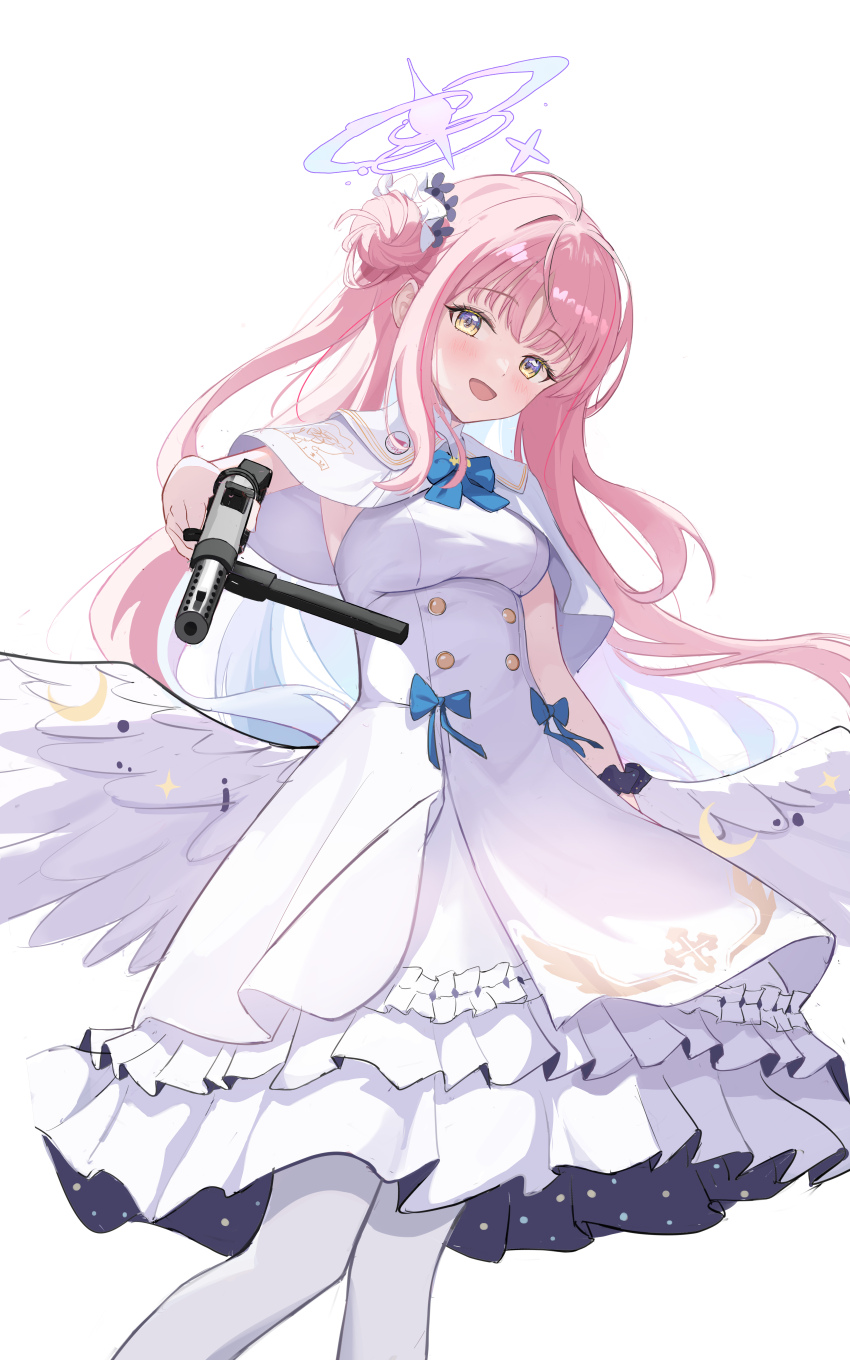 1girl absurdres aiming aiming_at_viewer angel_wings bad_gun_anatomy blue_archive blue_halo blue_neckerchief blush breasts capelet check_weapon chinese_commentary commentary dress feet_out_of_frame fengshengruyu frilled_dress frills gun hair_bun halo head_tilt highres holding holding_gun holding_weapon layered_skirt long_hair looking_at_viewer low_wings medium_breasts mika_(blue_archive) neckerchief open_mouth pantyhose pink_hair simple_background skirt smile solo sten_gun weapon weapon_request white_background white_capelet white_dress white_pantyhose wings yellow_eyes