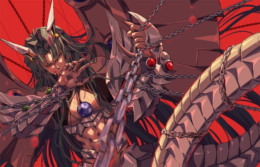 1boy abs black_hair chain cosplay cowboy_shot cyber_end_dragon cyber_end_dragon_(cosplay) highres horns long_hair male_focus marufuji_ryo mechanical_wings muscular muscular_male red_background simple_background solo wings yu-gi-oh! yu-gi-oh!_gx zackpyo