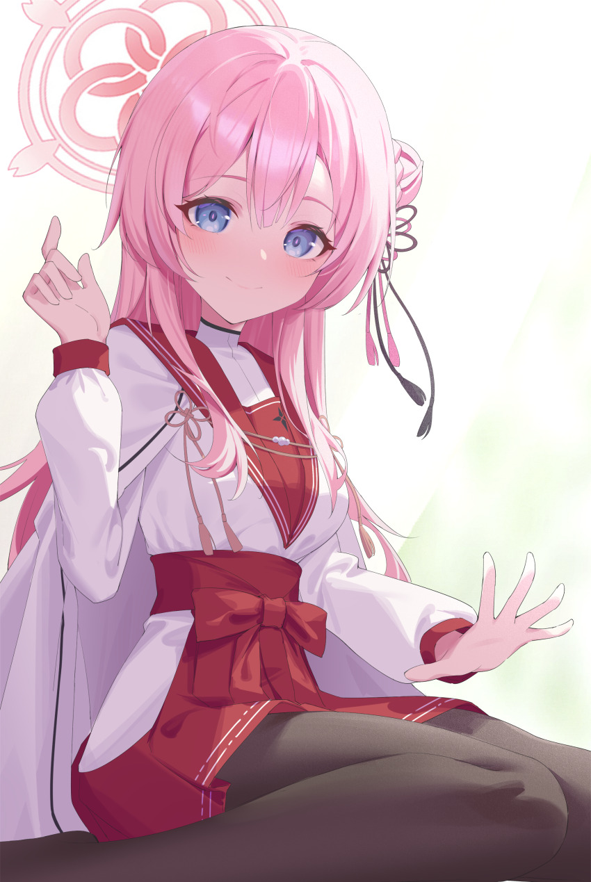 1girl absurdres blue_archive blue_eyes braid breasts brown_pantyhose halo highres jei_(user_tckk7448) long_sleeves mimori_(blue_archive) pantyhose pink_hair pink_halo red_ribbon red_skirt ribbon shirt simple_background sitting skirt wariza white_background white_shirt