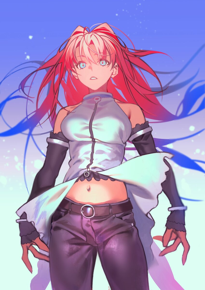 1girl absurdres aozaki_aoko belt black_belt black_pants blue_background blue_eyes breasts commentary_request detached_sleeves fate/grand_order fate_(series) hair_intakes highres hiro_(hirohiro_gorira) long_hair mahou_tsukai_no_yoru medium_breasts midriff navel pants parted_lips red_hair shirt solo super_aoko white_shirt