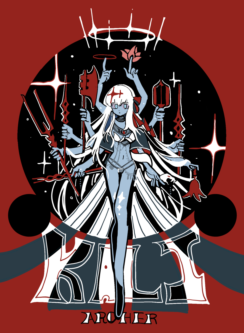 1girl armor axe belly_chain bikini_armor blue_eyes blue_skin colored_eyelashes colored_skin extra_arms fate/grand_order fate_(series) full_body hair_ribbon halo highres holding holding_axe holding_polearm holding_weapon ima_mo_nao_kangaechuu jewelry kali_(fate) limited_palette long_hair looking_at_viewer multiple_wielding navel neck_ring polearm red_ribbon ribbon sidelocks snake solo standing very_long_hair weapon white_hair white_snake