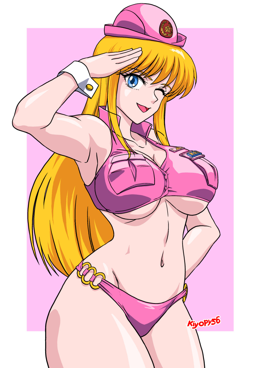 1girl ;d akimoto_katherine_reiko artist_name bikini blonde_hair blue_eyes breasts hand_on_own_hip hand_up hat highres kiyopy kochikame medium_breasts midriff navel o-ring one_eye_closed open_mouth pink_background pink_bikini pink_hat pocket salute smile solo standing swimsuit white_wrist_cuffs wrist_cuffs