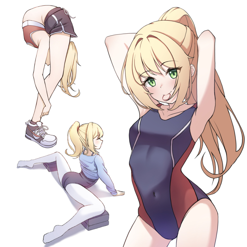1girl blonde_hair caroline_(animal_crossing) commission contortion contortiong flexible green_eyes gymnastics hair_tie highres mouth_hold pixiv_commission rhythmic_gymnastics rubber_band smile split spread_legs stretching swimsuit tagme