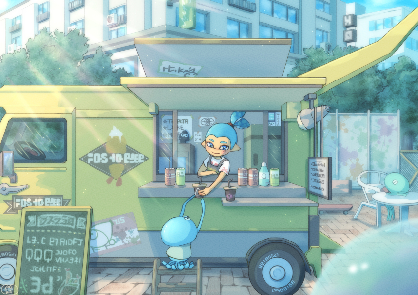 1boy absurdres air_conditioner apron arms_up awning blue_eyes blue_hair blue_sky blurry blurry_foreground blush bottle brick_floor building can chair chalkboard_sign closed_mouth commentary_request cup day disposable_cup drinking_straw fence food_truck grey_apron highres holding holding_cup inkling inkling_boy inkling_player_character jellyfish_(splatoon) light_particles light_rays male_focus menu_board moromi_(kscd4482) motor_vehicle nintendo outdoors pointy_ears refrigerator scenery shirt short_sleeves sign sitting skateboard sky slice_of_life smile splatoon_(series) steering_wheel sunbeam sunlight t-shirt table tentacle_hair topknot tree truck wall white_shirt