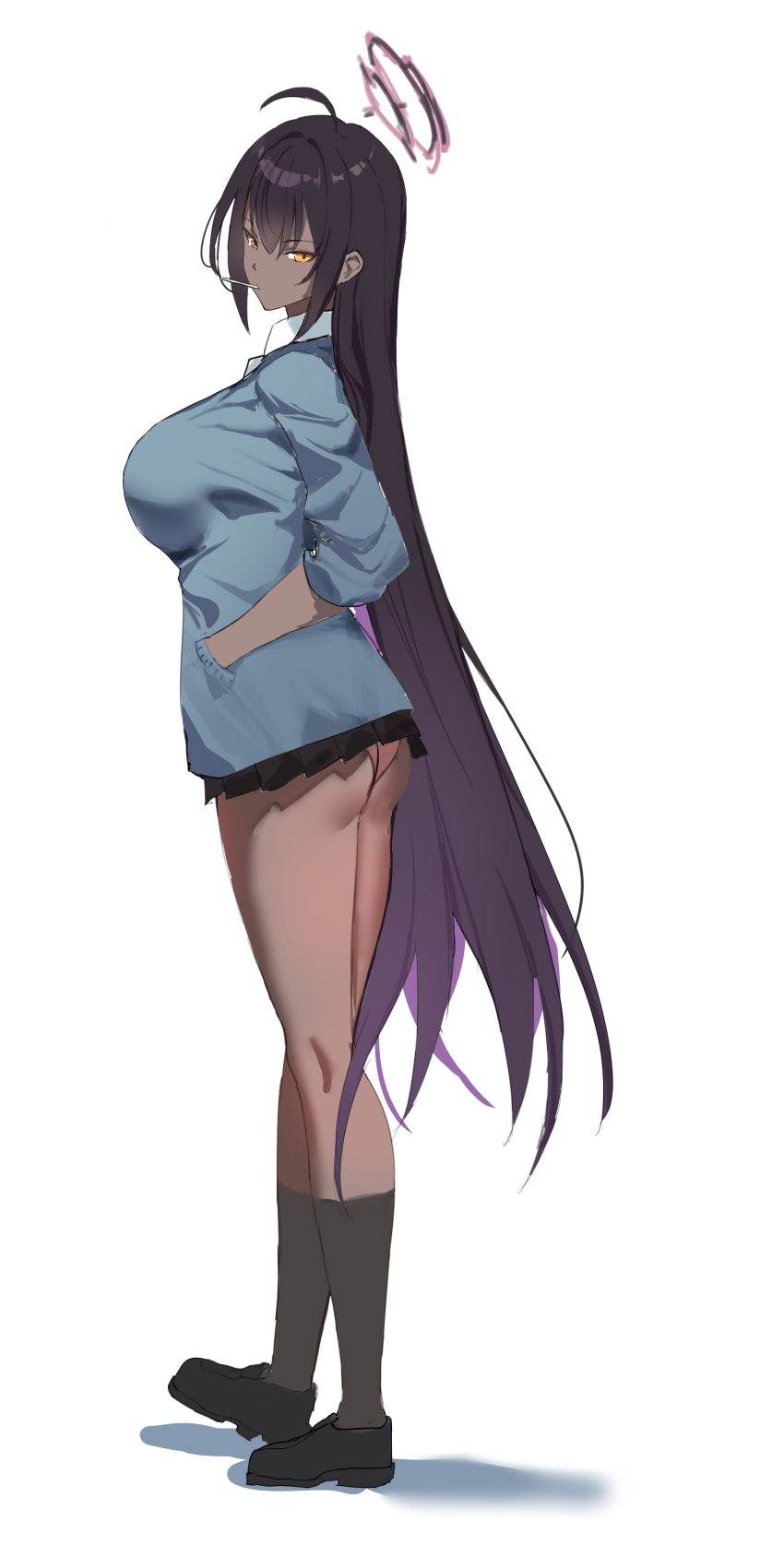 1girl absurdres ahoge ass black_hair black_skirt black_socks blue_archive blue_cardigan breasts cardigan collared_shirt commentary dark-skinned_female dark_skin from_side full_body gradient_hair hair_between_eyes halo highres karin_(blue_archive) karin_(school_uniform)_(blue_archive) large_breasts lollipop_in_mouth long_hair looking_at_viewer multicolored_hair official_alternate_costume panties pink_panties pleated_skirt porroll purple_hair purple_halo school_uniform shadow shirt skirt socks solo thighs underwear very_long_hair white_background white_shirt yellow_eyes