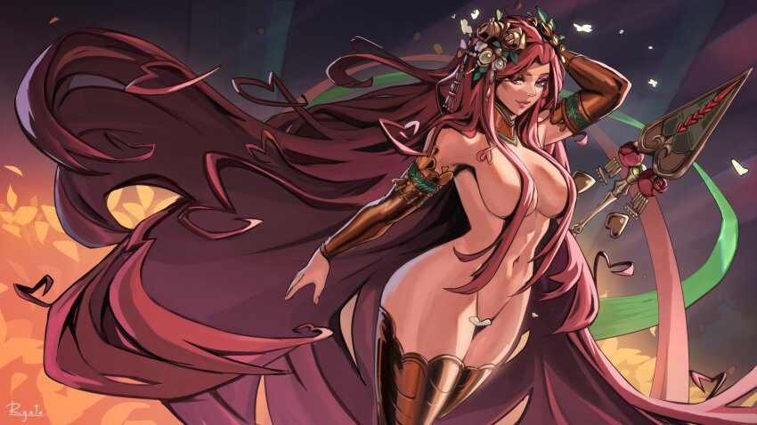 1girl absurdly_long_hair absurdres aphrodite_(hades) arm_up armor artist_name breasts censored commentary cowboy_shot detached_sleeves dutch_angle english_commentary flower gorget groin hades_(series) hades_2 hair_ornament hand_in_own_hair heart heart-shaped_hair heart_censor highres jewelry large_breasts laurel_crown lips long_hair looking_at_viewer navel nude pink_eyes pink_hair polearm rgate signature smile solo spear standing thick_thighs thighhighs thighs very_long_hair weapon