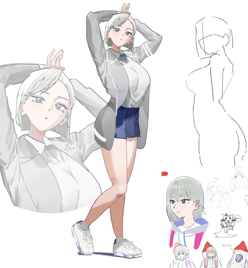 1girl :o absurdres arms_up ass blue_skirt blunt_ends breasts cat collared_shirt commentary_request full_body grey_eyes grey_hair grey_jacket highres jacket lapels large_breasts long_sleeves meiru_(yu_ni_taro) miniskirt open_clothes open_jacket original parted_bangs parted_lips pleated_skirt portrait rocket shirt shirt_tucked_in shoes short_hair simple_background sketch skirt sneakers standing tiptoes unfinished white_background white_shirt white_shoes yu_ni_taro zoom_layer