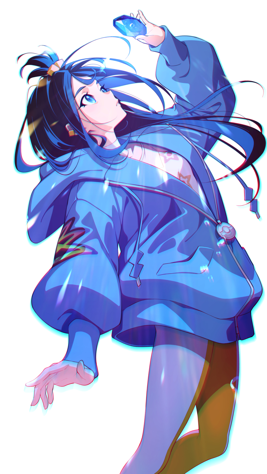 1girl 7dango7 absurdres black_hair blue_jacket breasts commentary_request cube_hair_ornament grey_eyes hair_ornament highres hood hooded_jacket jacket leggings lida_(pokemon) long_hair long_sleeves nintendo orange_leggings pokemon pokemon_legends:_z-a small_breasts solo thighs two-tone_legwear white_leggings