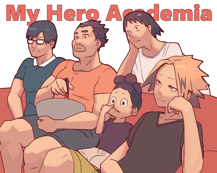 5boys black_hair blonde_hair blue_hair boku_no_hero_academia brown_hair commentary_request copyright_name couch elbow_rest gaijin_4koma_(meme) glasses grey_shirt head_rest holding holding_whisk iida_tenya kaminari_denki meme mineta_minoru mixing_bowl multiple_boys niko_(toitoi210) on_couch opaque_glasses open_mouth orange_shirt raised_eyebrows sato_rikido sero_hanta shirt short_hair shorts solid_circle_pupils spiked_hair t-shirt teeth thick_eyebrows unamused whisk white_background white_shirt yellow_eyes
