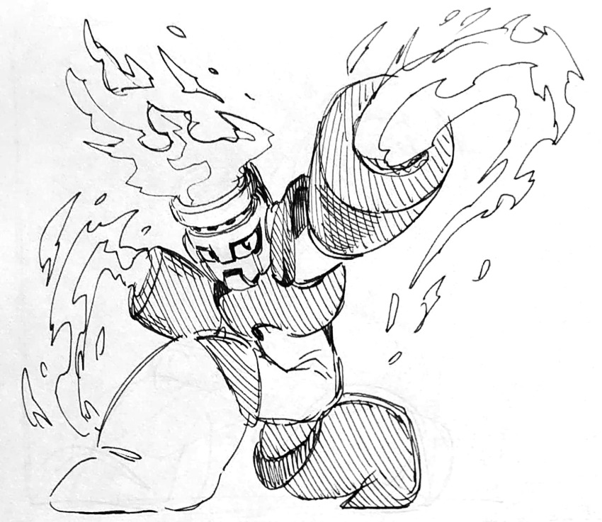 1boy android arm_cannon commentary dual_arm_cannons fire fire_man flaming_head full_body greyscale helmet highres looking_at_viewer male_focus mega_man_(classic) mega_man_(series) mega_man_1 monochrome on_one_knee simple_background sketch smile solo takenokonoko traditional_media weapon white_background