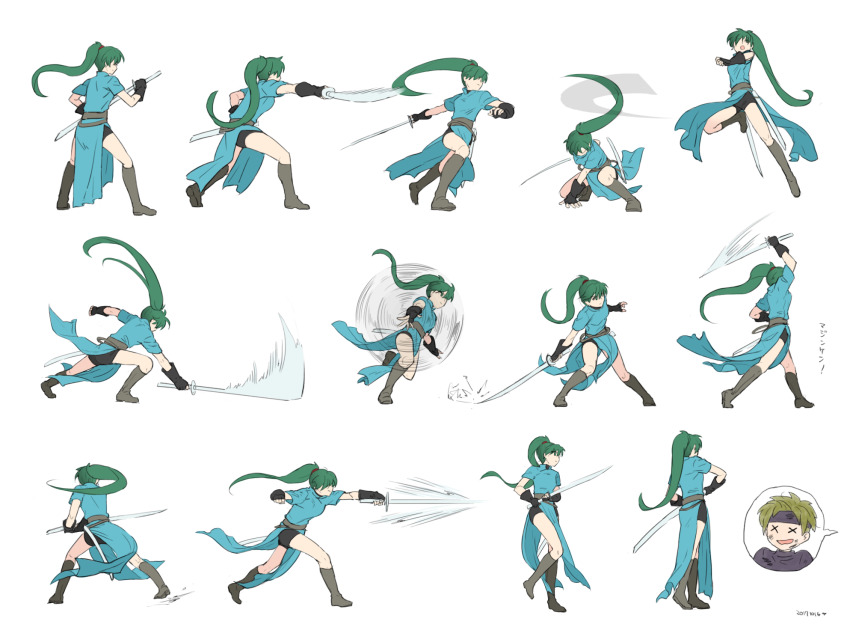 1girl action arm_support arm_up attack black_gloves black_shorts blue_dress boots breasts reference_sheet charging_forward covered_eyes dress fingerless_gloves fire_emblem fire_emblem:_the_blazing_blade futabaaf gloves green_hair hair_over_eyes hair_over_one_eye high_ponytail highres holding holding_sword holding_weapon jumping large_breasts legs_apart long_hair looking_away looking_to_the_side lyn_(fire_emblem) motion_blur motion_lines multiple_views nintendo one_eye_covered on_one_knee outstretched_arms pelvic_curtain ponytail profile running sain_(fire_emblem) sash scabbard sheath short_sleeves shorts simple_background slashing spinning spoken_character squatting stab standing sword very_long_hair weapon white_background x_x