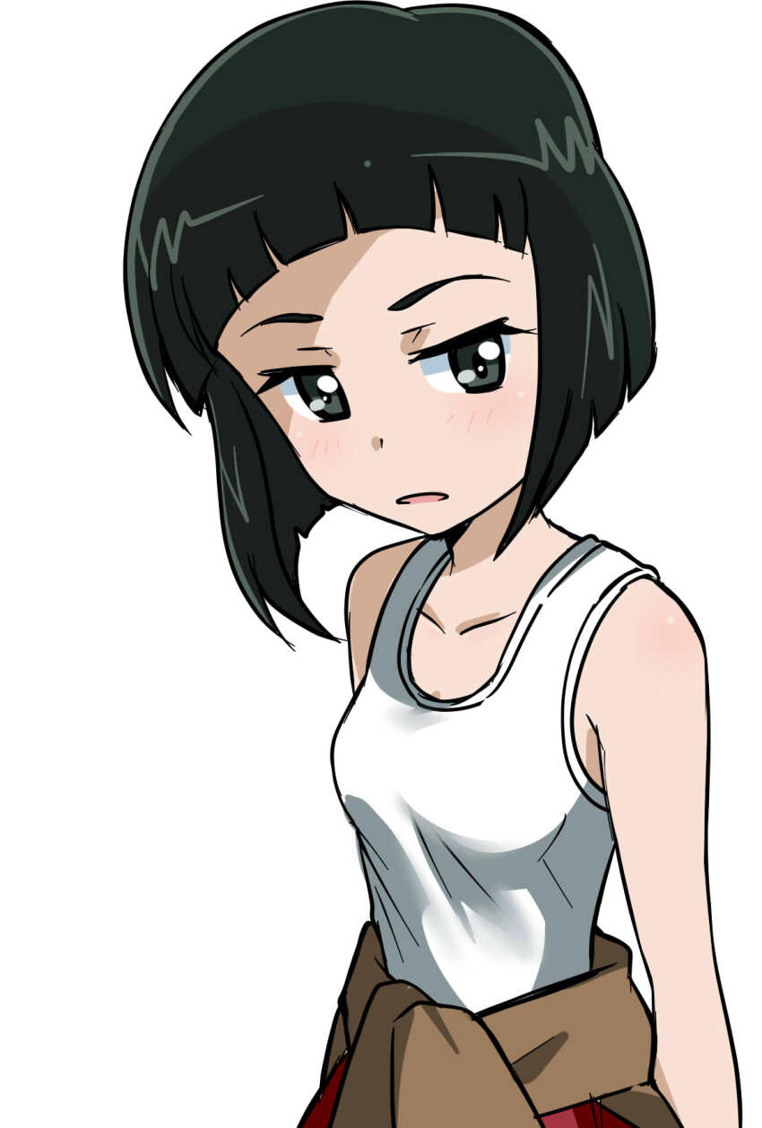 1girl black_eyes black_hair bowl_cut breasts brown_jacket chi-hatan_school_uniform clothes_around_waist collarbone girls_und_panzer highres jacket jacket_around_waist nishihara_yasoko open_mouth red_skirt school_uniform shirt short_hair skirt sleeveless sleeveless_shirt tank_top tied_jacket wakku_kan white_shirt white_tank_top white_undershirt