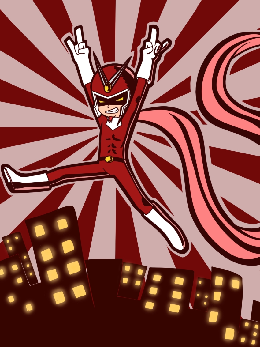 1boy ace_cluck arms_up belt black_belt bodysuit boots city commentary english_commentary eyes_in_shadow facial_hair full_body gloves goatee grin helmet highres jumping looking_at_viewer m/ male_focus pink_scarf red_background red_bodysuit scarf smile solo sunburst sunburst_background superhero_costume viewtiful_joe viewtiful_joe_(character) white_boots white_gloves