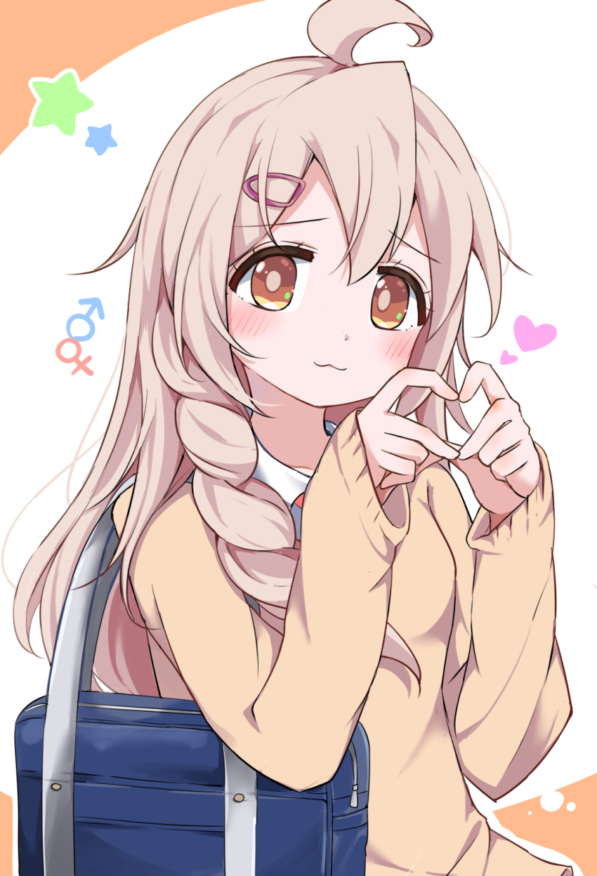 1girl :3 ahoge alternate_hairstyle bag brown_eyes commentary four-finger_heart_hands gyaru hair_between_eyes hair_ornament hair_over_shoulder hairclip heart heart_hands highres kazura kogal light_blush long_hair long_sleeves looking_at_viewer mars_symbol onii-chan_wa_oshimai! oyama_mahiro pink_hair school_bag simple_background smile solo star_(symbol) upper_body venus_symbol white_background