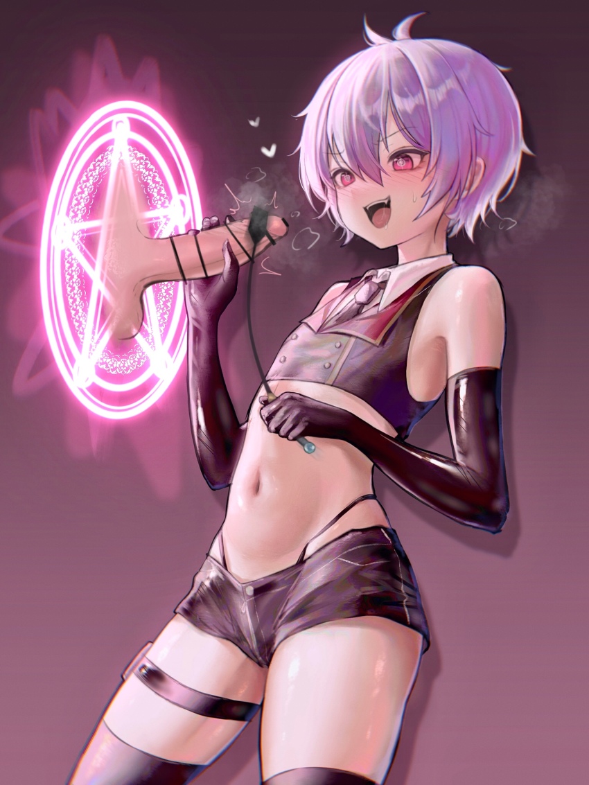 1boy :d ahoge azulasi bar_censor bdsm black_gloves black_necktie black_panties black_shorts black_thighhighs black_vest blush cbt censored collared_shirt commentary commentary_request commission crop_top cropped_vest disembodied_penis double-parted_bangs elbow_gloves english_commentary fang gloves hair_between_eyes hand_up heart highleg highleg_panties highres magic magic_circle male_focus mixed-language_commentary navel necktie open_mouth original osugaki panties penis pink_background pink_eyes pink_hair pixiv_commission riding_crop saliva shirt short_hair short_shorts shorts sleeveless sleeveless_shirt smile stomach sweat thighhighs tongue trap underwear vest white_shirt