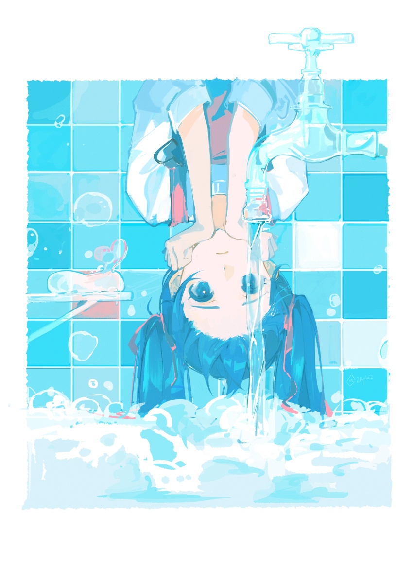 1girl absurdres aqua_eyes aqua_hair closed_mouth commentary_request faucet hair_ribbon hands_on_own_chin hatsune_miku highres irple looking_at_viewer pastel_colors ribbon shabon_(vocaloid) soap_bubbles solo tile_wall tiles twintails upper_body upside-down vocaloid water