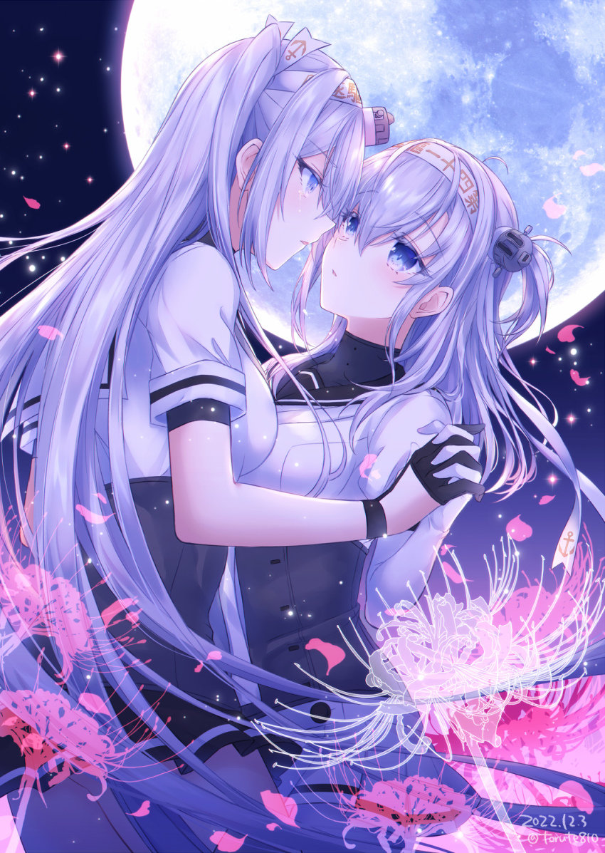 2girls black_gloves black_skirt blue_eyes blush bodysuit breasts commentary_request dated eye_contact flower full_moon fuyutsuki_(kancolle) gloves grey_hair hachimaki headband highres holding_hands kabocha_torute kantai_collection large_breasts long_hair looking_at_another medium_breasts moon multiple_girls night one_side_up outdoors parted_lips petals pleated_skirt sailor_collar school_uniform short_sleeves skirt spider_lily star_(sky) suzutsuki_(kancolle) tears twitter_username very_long_hair white_bodysuit white_flower white_headband white_sailor_collar white_skirt white_spider_lily yuri