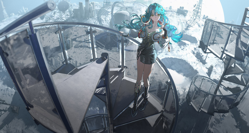 1girl absurdres ata-zhubo blue_hair boots breasts cleavage crater dress from_above green_eyes grey_boots grey_dress hand_on_railing hand_up highres hissabeth id_card jacket long_hair long_sleeves looking_at_viewer outdoors pencil_dress puffy_long_sleeves puffy_sleeves reverse:1999 scenery short_dress sleeveless sleeveless_dress slit_pupils smile snake snake_on_head solo spiral_staircase stairs standing wavy_hair white_jacket wide_shot