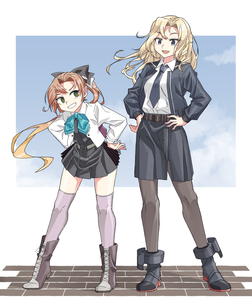 2girls akigumo_(kancolle) akigumo_kai_ni_(kancolle) aqua_bow aqua_bowtie belt belt_buckle black_belt black_legwear black_necktie black_skirt blonde_hair bomber_jacket bow bowtie breasts brown_hair buckle dress_shirt green_eyes grey_eyes hair_ribbon highres hornet_(kancolle) jacket kantai_collection kazh_(kazu) large_breasts long_hair long_sleeves mole mole_under_eye multiple_girls necktie pantyhose pencil_skirt ponytail ribbon school_uniform shirt skirt thighhighs white_shirt