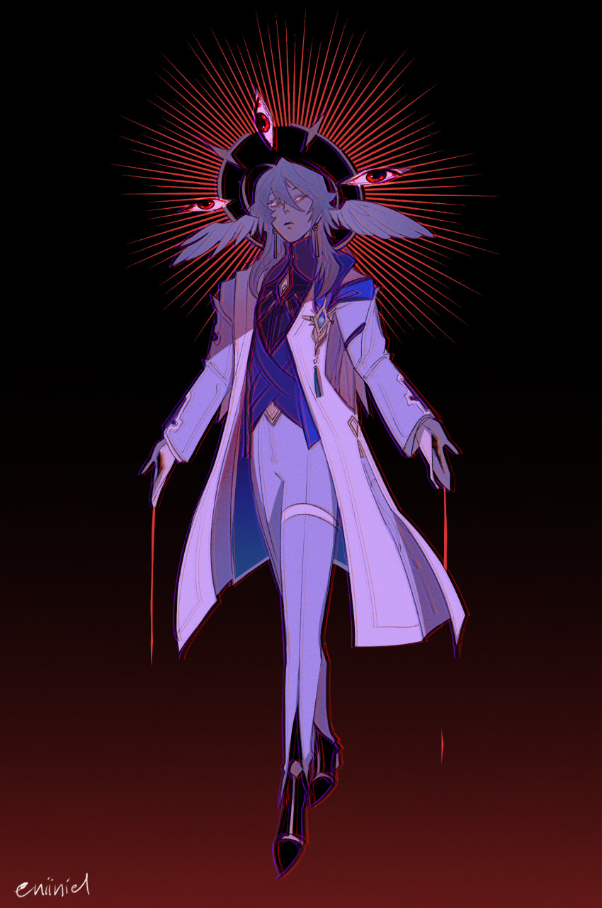 black_background black_footwear blood blood_on_hands blue_vest christianity chromatic_aberration coat earrings feathered_wings grey_hair halo head_wings highres honkai:_star_rail honkai_(series) jewelry long_sleeves looking_down medium_hair niinielscorner parted_lips red_background red_eyes spiked_halo stigmata sunday_(honkai:_star_rail) too_many_eyes vest white_coat white_wings wings yellow_eyes