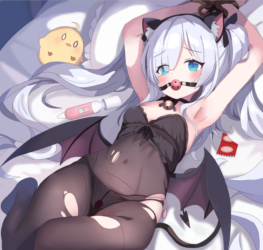 1girl animal_ear_fluff animal_ears armpits arms_up azur_lane ball_gag bdsm bell black_panties black_pantyhose blush bodystocking bodysuit bondage bound bound_wrists breasts cat_ears choker condom control_vibrator covered_navel demon_tail egg_vibrator fake_animal_ears gag gagged highres janus_(azur_lane) janus_(fright-night_scaredy-cat)_(azur_lane) jingle_bell looking_at_viewer lying manjuu_(azur_lane) on_back panties pantyhose pillow restrained sex_toy small_breasts solo tail torn_bodystocking torn_bodysuit torn_clothes underwear vibrator wang_ze_ji_bu_er_hua wiffle wings