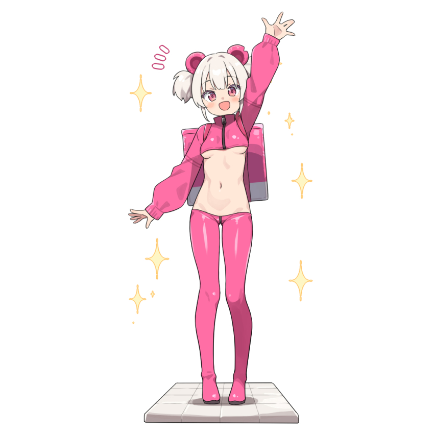 1girl :d animal_ears arm_up backpack bag blush boots breasts cropped_jacket full_body grey_hair groin hatsunatsu jacket long_sleeves looking_at_viewer lowleg lowleg_pants navel notice_lines open_mouth original pants pink_boots pink_jacket pink_pants puffy_long_sleeves puffy_sleeves red_eyes simple_background small_breasts smile solo sparkle standing thigh_boots twintails white_background