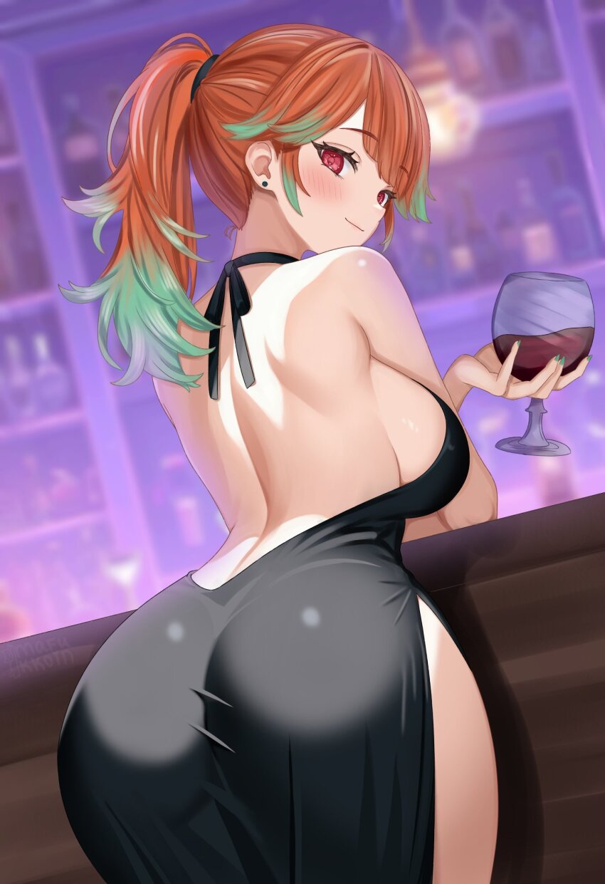 1girl arm_rest ass backless_dress backless_outfit bar_(place) black_dress blush breasts counter cup dress drinking_glass earrings green_hair highres holding holding_cup hololive hololive_english jewelry large_breasts mafukkoin multicolored_hair orange_hair ponytail red_eyes side_slit sideboob solo stud_earrings takanashi_kiara two-tone_hair virtual_youtuber wine_glass