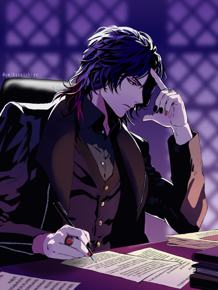 1boy black_jacket black_nails blue_hair blurry blurry_background book book_stack commentary_request desk finger_to_face gem grey_shirt highres holding holding_pen jacket jewelry kamen_rider kamen_rider_gavv_(series) lango_stomach leather leather_jacket male_focus medium_hair multicolored_hair multicolored_nails multiple_rings paper paper_stack pen profile purple_hair purple_vest red_eyes red_gemstone red_hair red_nails ring shirt sitting solo twitter_username umihanaichige upper_body vest