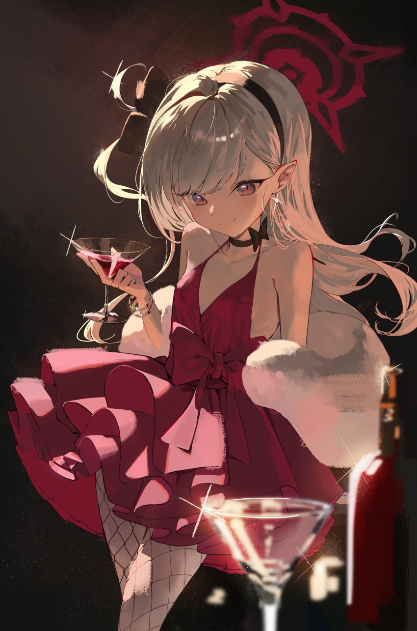 1girl absurdres bare_shoulders black_bow black_choker black_hairband blue_archive bow breasts choker closed_mouth cocktail_glass cup dan_nako dress drink drinking_glass fishnet_pantyhose fishnets fur_shawl grey_hair hair_bow hairband highres holding holding_drink mutsuki_(blue_archive) mutsuki_(dress)_(blue_archive) official_alternate_costume official_alternate_hairstyle pantyhose pointy_ears purple_eyes red_dress shawl small_breasts smile solo