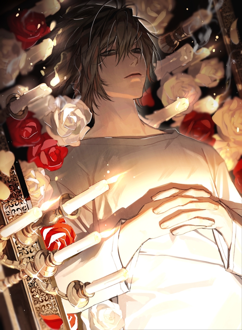 1boy bags_under_eyes black_eyes black_hair candle death_note dusgkwjd1 expressionless flower hair_between_eyes highres interlocked_fingers l_(death_note) long_sleeves looking_at_viewer male_focus red_flower red_rose rose shirt short_hair solo upper_body white_flower white_rose white_shirt