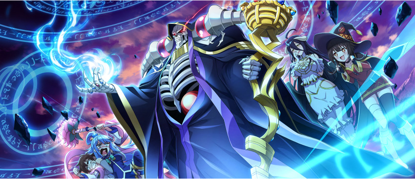 1boy 1other 3girls ahoge ainz_ooal_gown albedo_(overlord) angry aqua_(konosuba) bandaged_leg bandages belt belt_collar black_cloak black_gloves black_hair black_hat black_robe black_thighhighs black_wings blue_boots blue_eyes blue_hair blue_shirt blue_skirt blush boots bow bowtie breasts brown_belt brown_hair casting_spell clenched_hands clenched_teeth cloak collar crossover curled_horns debris demon_girl demon_horns detached_sleeves dress elbow_gloves excited feathered_wings fingerless_gloves furrowed_brow game_cg gloves gold_trim green_bow green_bowtie hagoromo hair_between_eyes hair_rings hand_on_own_cheek hand_on_own_chest hand_on_own_face hands_up hat highres hip_vent holding holding_scepter holding_staff horns jewelry kono_subarashii_sekai_ni_shukufuku_wo! konosuba!_fantastic_days large_breasts oversized_wings lich long_bangs long_dress long_hair looking_at_another low_horns low_wings magic megumin miniskirt multiple_girls multiple_rings off-shoulder_dress off_shoulder official_art open_mouth orb overlord_(maruyama) red_dress red_eyes ring robe satou_kazuma scepter shawl shirt short_dress short_hair short_hair_with_long_locks sidelocks single_hair_ring single_thighhigh skeleton skirt sleeveless sleeveless_shirt slit_pupils small_breasts spider_web_print staff standing star-shaped_pupils star_(symbol) symbol-shaped_pupils taut_clothes taut_dress teeth thigh_boots thighhighs undead v-shaped_eyebrows very_long_hair white_collar white_dress white_gloves white_horns white_sleeves wings witch_hat yellow_eyes zettai_ryouiki