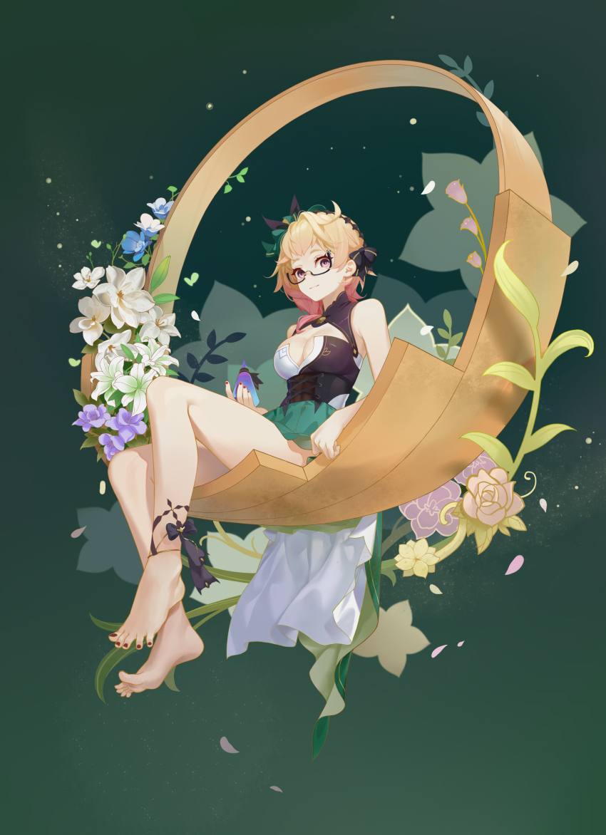 1girl absurdres bare_shoulders barefoot black-framed_eyewear blonde_hair blue_flower breasts cleavage commentary emilie_(genshin_impact) feet fingernails flower genshin_impact glasses green_background highres holding jingtailan light_smile looking_at_viewer medium_breasts multicolored_hair nail_polish pink_eyes pink_hair purple_flower red_nails semi-rimless_eyewear short_hair_with_long_locks sitting solo spread_toes toenail_polish toenails toes white_flower