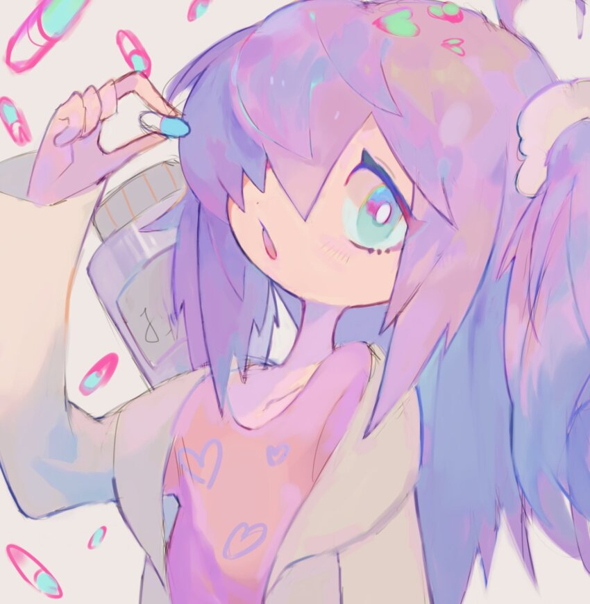 1girl ahoge arm_up coat collarbone hair_ornament hair_over_one_eye hair_scrunchie heart heart_print highres holding holding_pill iridescent long_hair long_sleeves looking_at_viewer nedoco nemuri-chan okusuri_nonde_neyou_(vocaloid) one_side_up open_clothes open_coat open_mouth pill pill_bottle pink_hair pink_shirt purple_hair scrunchie shirt sideways_glance solo tareme upper_body vocaloid white_coat