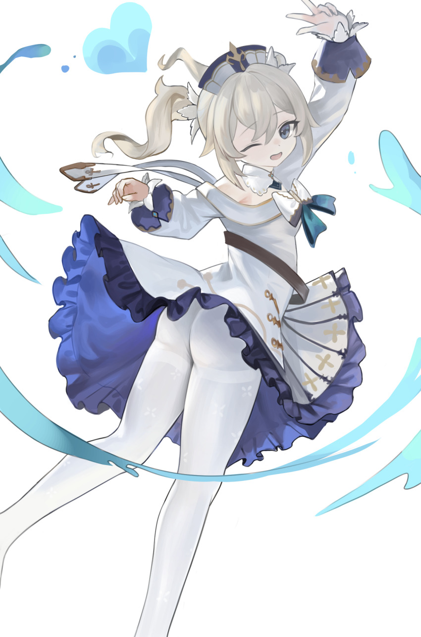 1girl ass barbara_(genshin_impact) bare_shoulders blonde_hair blue_eyes blush book_holster breasts clothes_lift cross detached_sleeves dokomon dress drill_hair floral_print from_behind genshin_impact hair_ornament hat highres latin_cross long_hair long_sleeves looking_at_viewer open_mouth pantyhose skirt skirt_lift smile solo thighband_pantyhose twin_drills twintails white_dress white_hat white_pantyhose