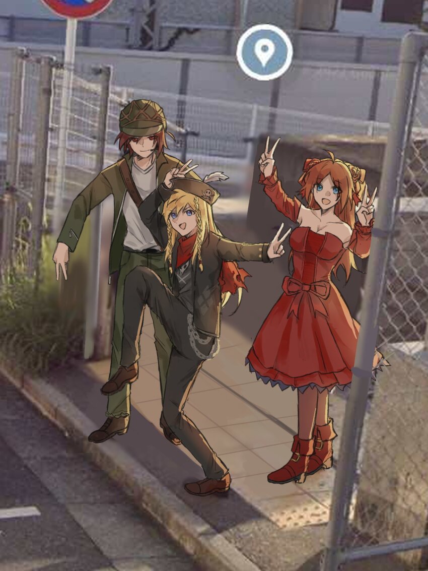 1girl 2boys bandana black_hat black_jacket black_pants blonde_hair blue_eyes boots braid brown_footwear brown_hair commentary detached_sleeves double_v dress english_commentary epic_battle_fantasy flower full_body google_street_view green_hat hair_flower hair_ornament hat high_school_girls_posing_for_google_street_view_(meme) highres jacket lance_(epic_battle_fantasy) long_sleeves looking_at_viewer matt_(epic_battle_fantasy) meme military_hat military_uniform multiple_boys natalie_(epic_battle_fantasy) orange_hair outdoors pants pirate_hat red_bandana red_dress red_eyes red_footwear road_sign shirt sign ski_e524 smile standing standing_on_one_leg strapless twin_braids v white_shirt