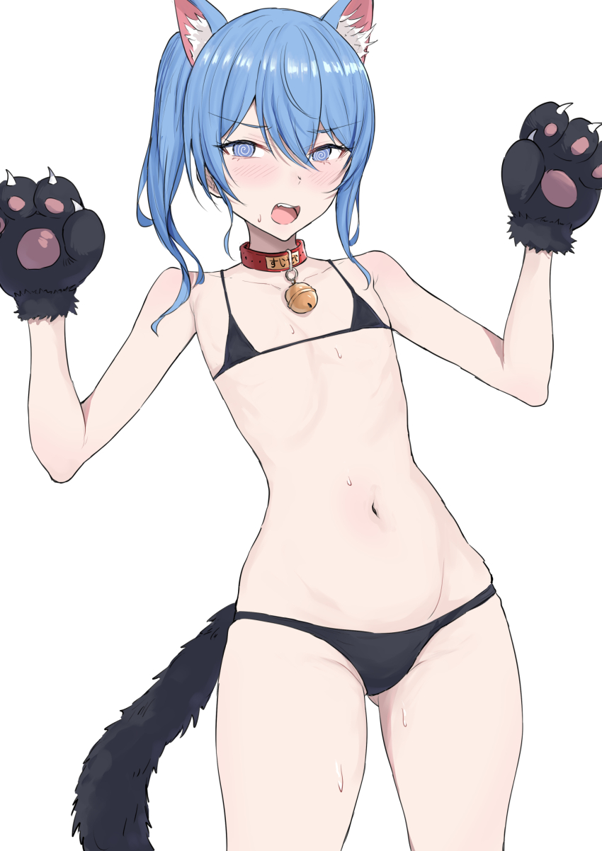 1girl @_@ animal_ear_fluff animal_ears animal_hands bell bikini black_bikini blue_eyes blue_hair blush cat_ears cat_paws cat_tail collar collarbone cowboy_shot flat_chest gloves highres hololive hoshimachi_suisei jingle_bell looking_at_viewer micro_bikini navel neck_bell open_mouth paw_gloves red_collar sakiya_(sak1_01) side_ponytail simple_background solo stomach swimsuit tail virtual_youtuber white_background