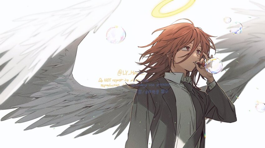 1boy angel angel_devil_(chainsaw_man) angel_wings black_necktie blowing_bubbles chainsaw_man collared_shirt commentary feathered_wings hair_between_eyes halo jacket kitsune_(ly_howe) long_hair male_focus necktie open_clothes open_jacket shirt simple_background solo suit_jacket symbol-only_commentary traditional_halo twitter_username upper_body white_background white_shirt white_wings wings