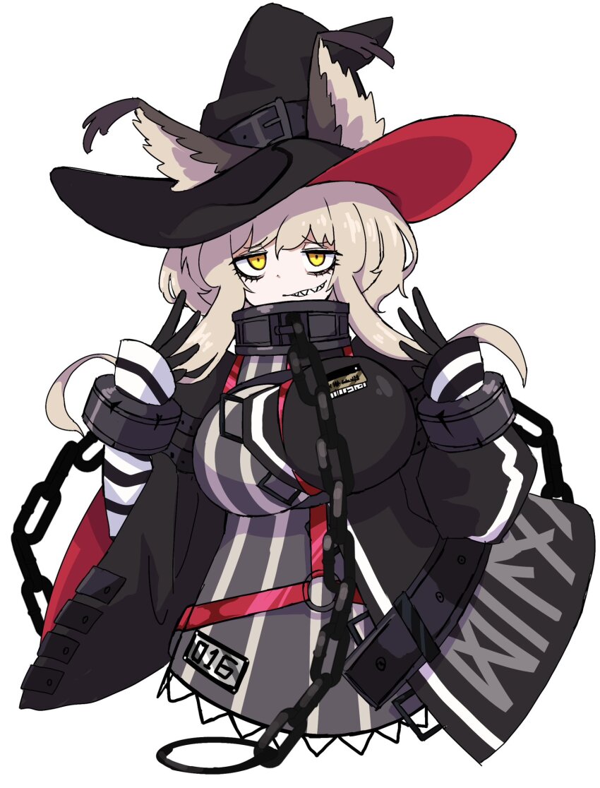 1girl animal_ears arknights black_hat blonde_hair breasts cat_ears chain dr_yamero hat haze_(arknights) highres large_breasts short_hair witch_hat yellow_eyes