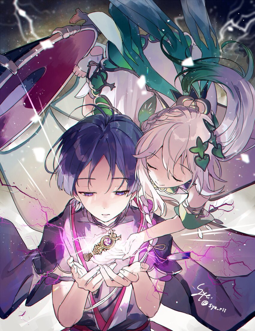 1boy 1girl anklet antenna_hair armlet bell black_bodysuit black_kimono black_sleeves blunt_ends bodysuit bright_pupils cape closed_eyes covered_collarbone detached_sleeves double-parted_bangs dress electricity eyeliner eyeshadow floating genshin_impact gnosis_(genshin_impact) gradient_hair green_cape green_hair green_sleeves hair_between_eyes hair_ornament half_crown_braid hat highres japanese_clothes jewelry jingasa kimono layered_clothes layered_kimono layered_sleeves leaf leaf_hair_ornament looking_at_object looking_down loose_hair_strand makeup mandarin_collar multicolored_hair nahida_(genshin_impact) open_clothes open_hand open_hands open_kimono own_hands_together parted_bangs parted_lips person_on_shoulder purple_eyes purple_hair purple_rope purple_sleeves red_eyeliner red_eyeshadow red_hat rope scaramouche_(genshin_impact) see-through_clothes see-through_veil shimenawa short_sleeves side_ponytail sidelocks signature smile stirrup_footwear stirrup_legwear syerii tassel toeless_footwear toeless_legwear twitter_username unworn_hat unworn_headwear veil white_dress white_hair white_pupils white_rope