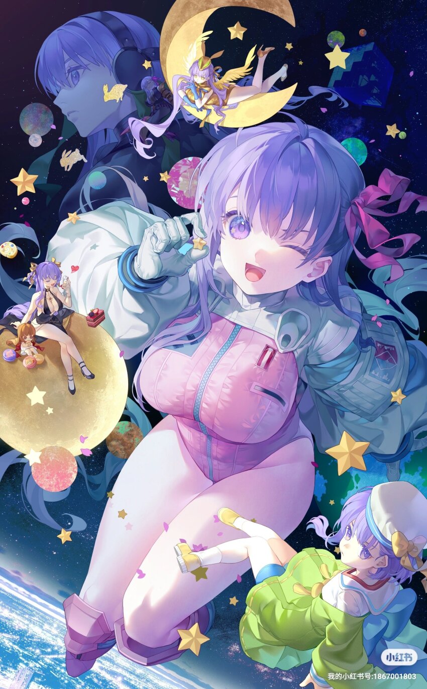 6+girls absurdres bb_(fate) bb_cosmo_(fate) bb_dubai_(fate) black_dress breasts crescent_moon dress fate/grand_order fate_(series) full_body full_moon giant giantess gloves golden_bb_(fate) hat high_heels highres kazuradrop_(fate) kazuradrop_(first_ascension)_(fate) kingprotea_(fate) kishinami_hakuno_(female) large_breasts leotard long_hair looking_at_viewer may_(2747513627) moon multiple_girls one_eye_closed open_mouth passionlip_(fate) purple_eyes purple_hair short_hair smile space star_(sky) star_(symbol) xochitonal_(fate)