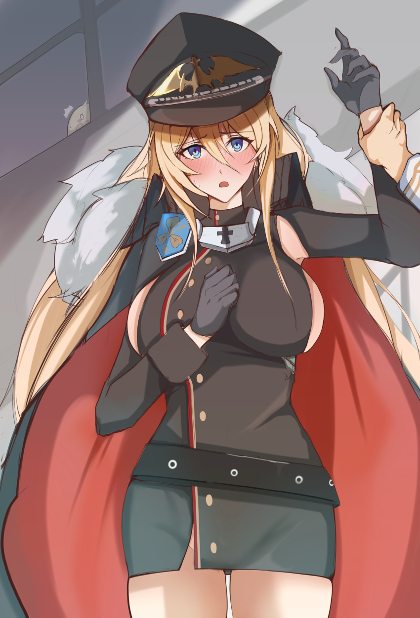 1boy 1girl absurdres azur_lane bismarck_(azur_lane) black_dress black_gloves blonde_hair blue_eyes blush breasts cape commentary_request dress embarrassed gear0710 gloves groin hair_between_eyes hand_on_own_chest hand_up hands_up hat highres holding_another&#039;s_wrist jacket large_breasts long_hair long_sleeves looking_at_viewer microdress military_hat short_dress shy sideboob sideboob_cutout solo_focus thighs very_long_hair white_jacket