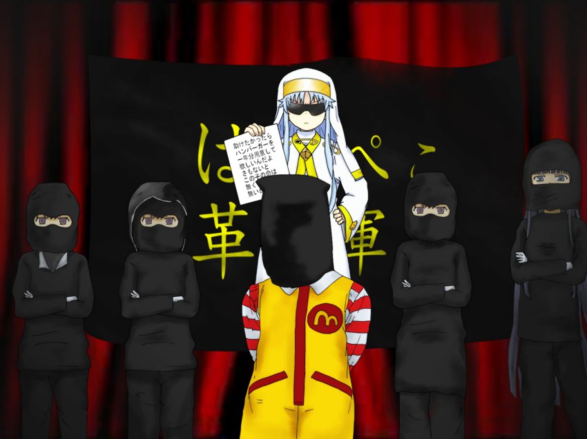 1boy 5girls clone crossover gobanme_no_mayoi_neko highres himegami_aisa index_(toaru_majutsu_no_index) mcdonald&#039;s misaka_imouto multiple_girls ronald_mcdonald sunglasses terrorism toaru_majutsu_no_index translation_request what