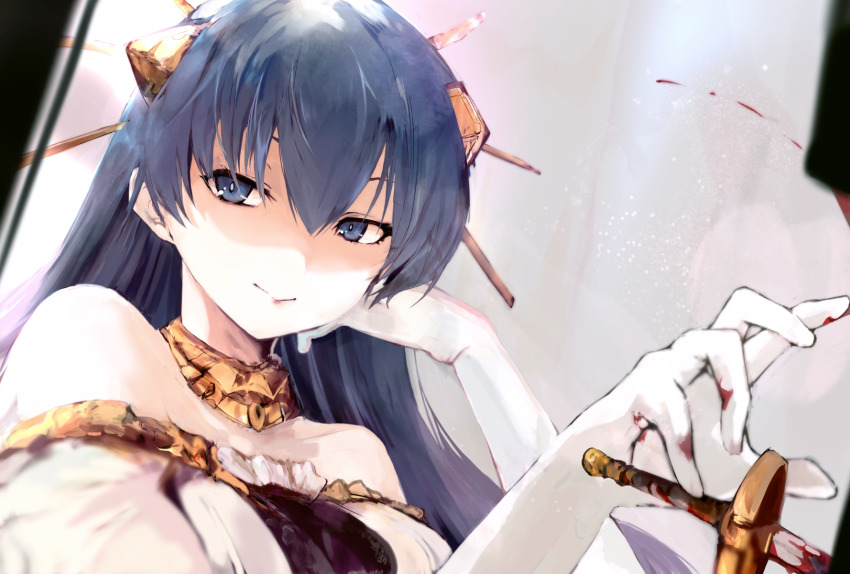 1girl bare_shoulders blood blood_on_gloves bloody_weapon blue_eyes blue_hair breasts collarbone commentary constricted_pupils detached_collar gloves hair_between_eyes hair_ornament hairpin hand_on_own_face highres lia_parapara_leazas long_hair looking_away medium_breasts off_shoulder rance_(series) rance_01 shaded_face shadow smile solo sword tsutsugano upper_body v-shaped_eyebrows weapon white_gloves