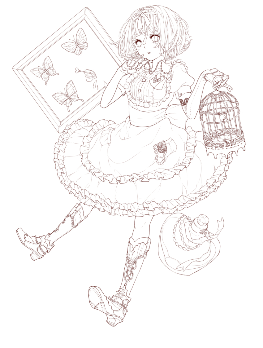 1girl alice_(alice_in_wonderland) alice&#039;s_adventures_in_wonderland birdcage boots bottle bug butterfly cage cork dress female_focus full_body hair_ribbon highres insect lineart massuru monochrome parted_lips pin princess_royale ribbon short_hair solo white_background white_boots