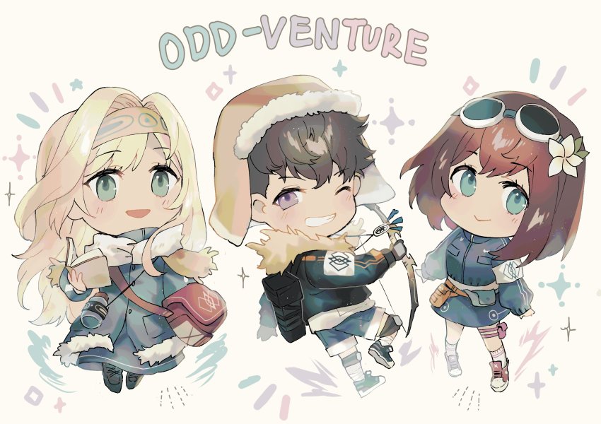 1boy 2girls beige_hairband black_footwear black_hair blonde_hair blue_jacket blue_shorts blue_skirt blush book bow_(weapon) brown_hair brown_headwear chibi commentary english_commentary flower fur_trim goggles goggles_on_head green_eyes hair_behind_ear hair_flower hair_intakes hair_ornament hana_macchia highres holding holding_book holding_bow_(weapon) holding_weapon jacket layla_alstroemeria long_hair multiple_girls nijisanji nijisanji_id one_eye_closed red_footwear reza_avanluna scarf shoes short_hair shorts skirt smile sneakers song_name virtual_youtuber weapon white_flower white_scarf yakksan