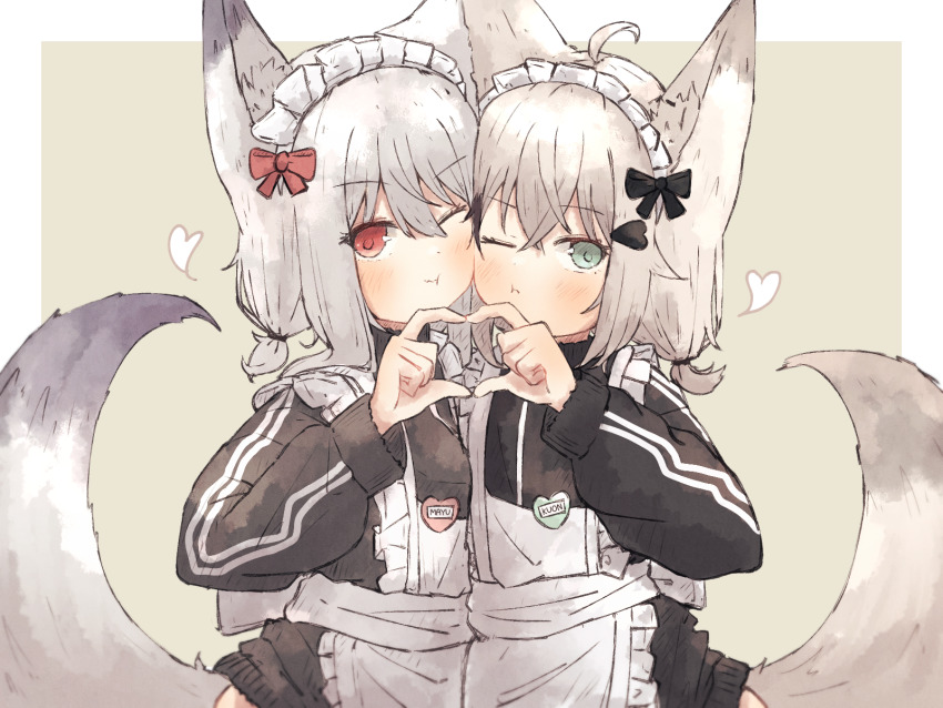 2girls animal_ears apron black_jacket commentary_request heart heart_hands heart_hands_duo highres jacket kuon_(meguru_1225) maid maid_headdress mayu_(meguru_1225) meguru_1225 multiple_girls one_eye_closed original red_eyes tail unconventional_maid